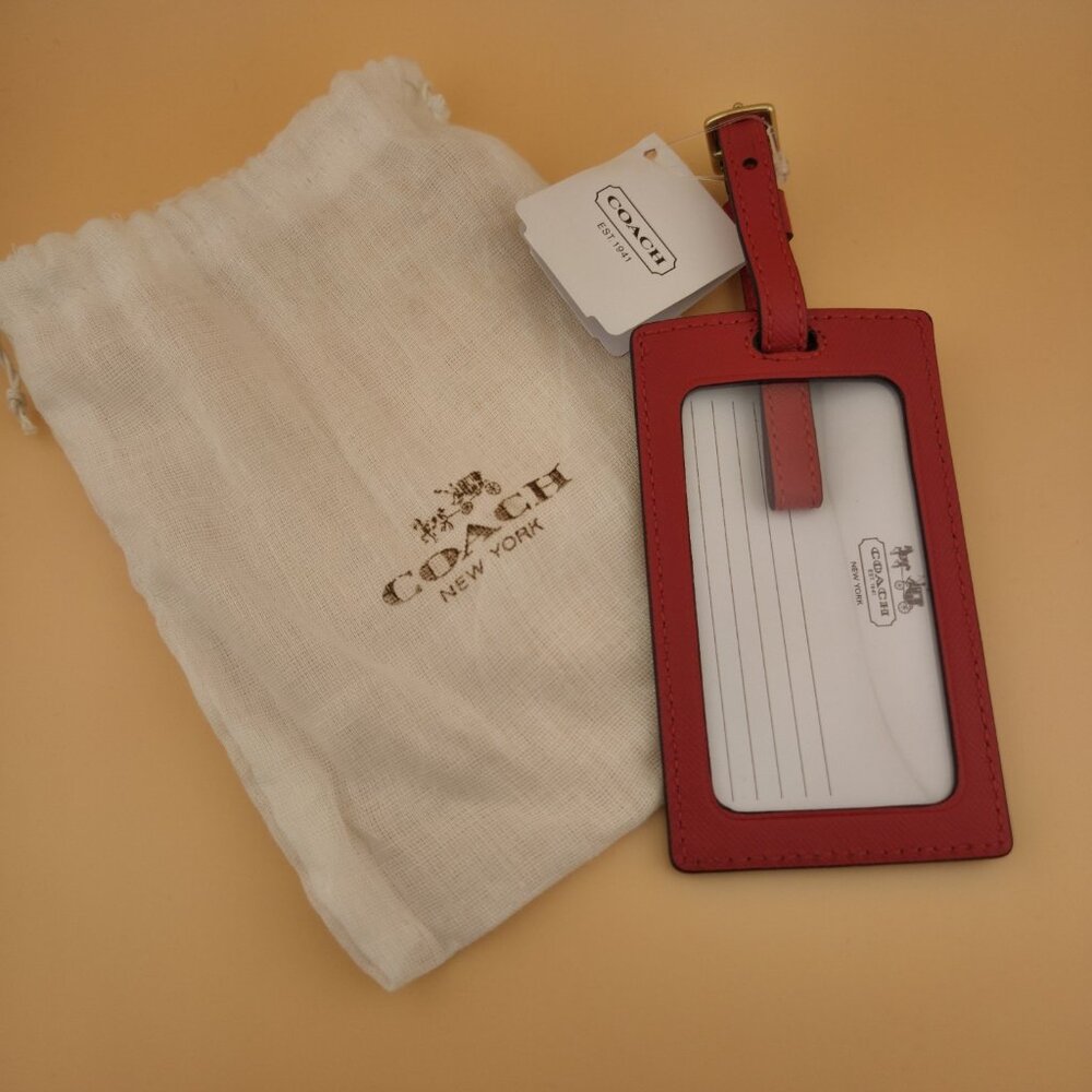 Coach Darcy Leather Luggage Tag Vermillion Red & Gold F67743 NWT - Picture 2 of 8